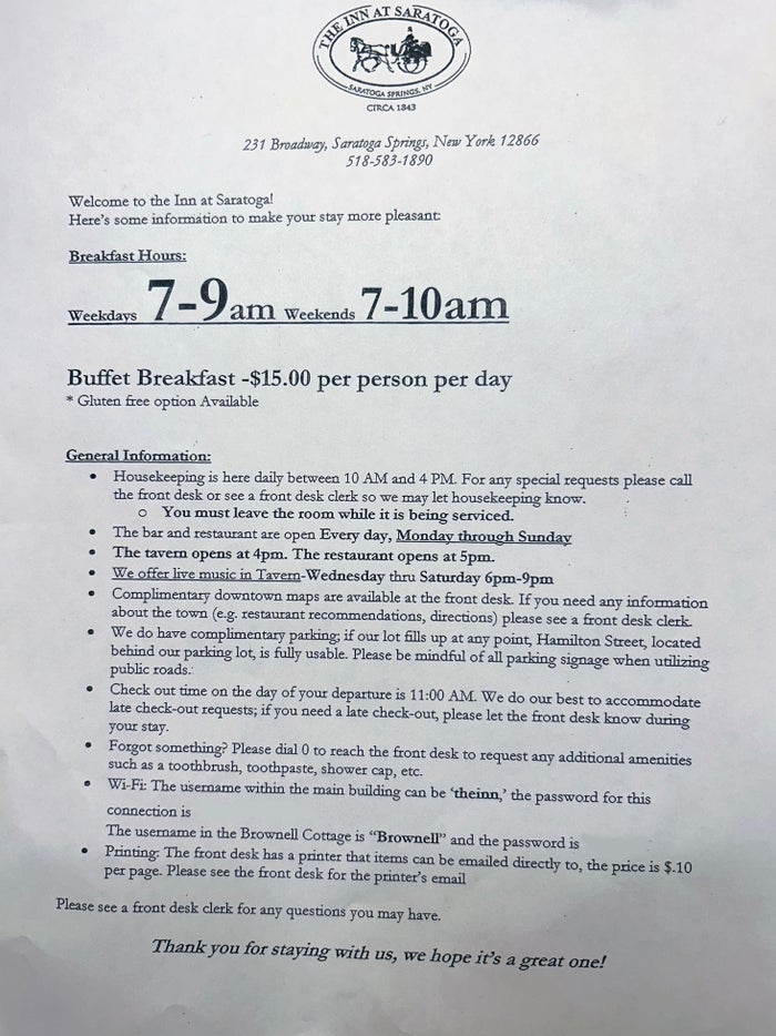 Inn at Saratoga welcome sheet
