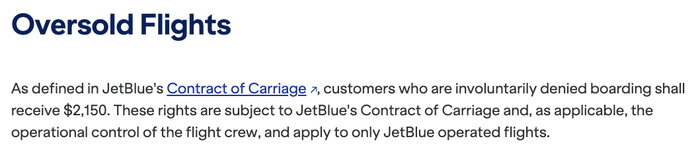 JetBlue oversold flight compensation new terms March 2025