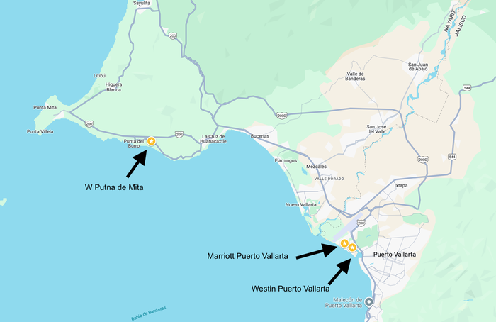 Location of 3 Marriott resorts in Puerto Vallarta Location of 3 Marriott resorts in Puerto Vallarta