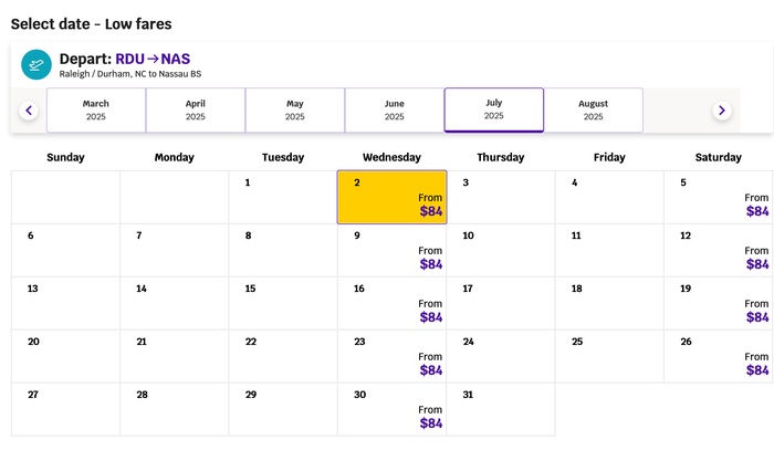 RDU to NAS price calendar for Avelo Airlines