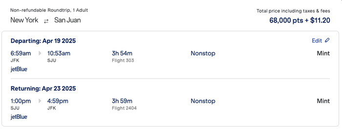RT JetBlue Mint Fare JFK SJU RT JetBlue Mint Fare JFK SJU