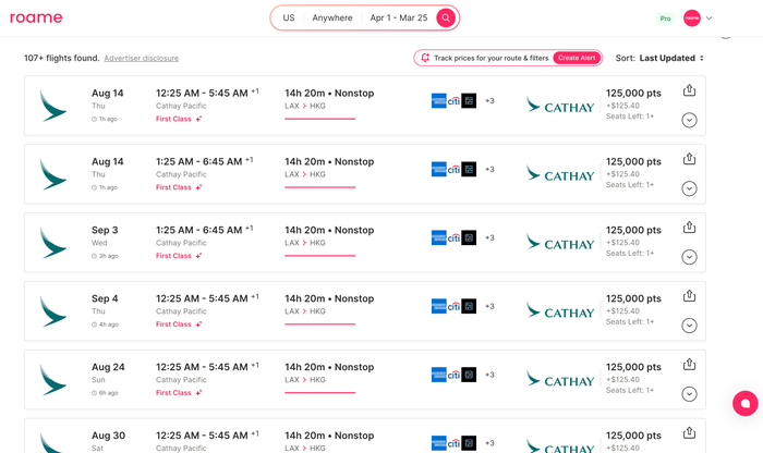 Roame.travel Cathay Pacific first class award result