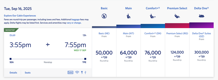 SEA to TPE SkyMiles SEA to TPE SkyMiles pricing