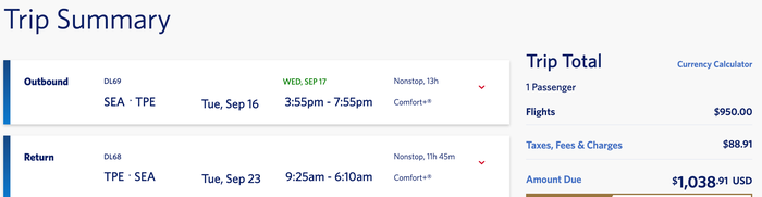 SEA to TPE in comfort SEA to TPE in comfort+ price