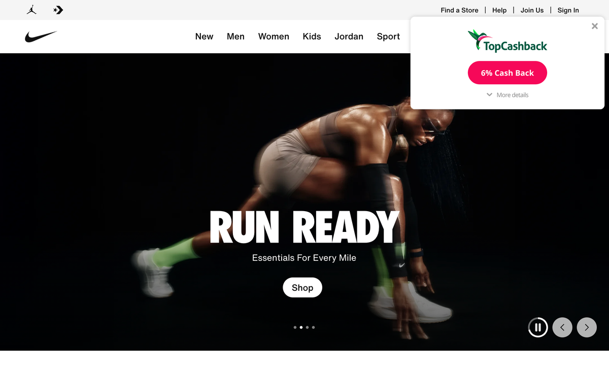 The TopCashBack Browser Extension on Nikes Website