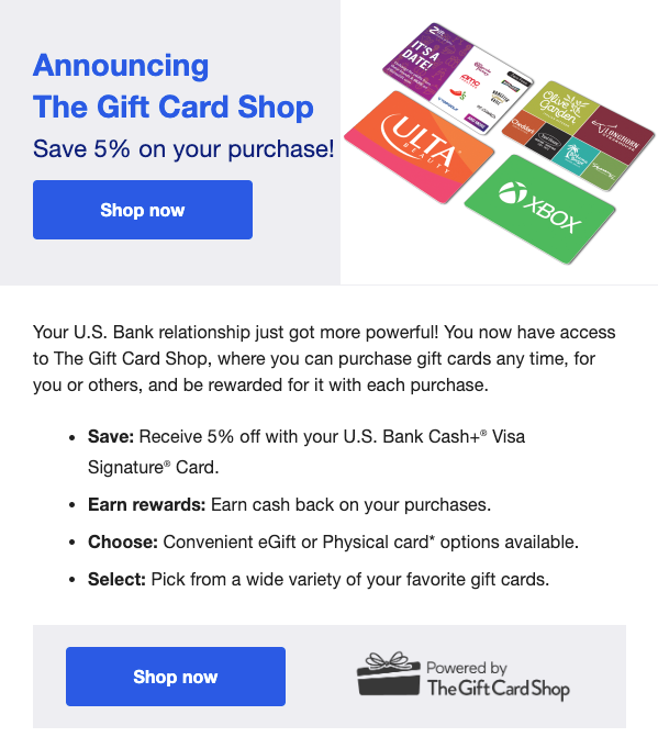 US Bank gift card shop launch email