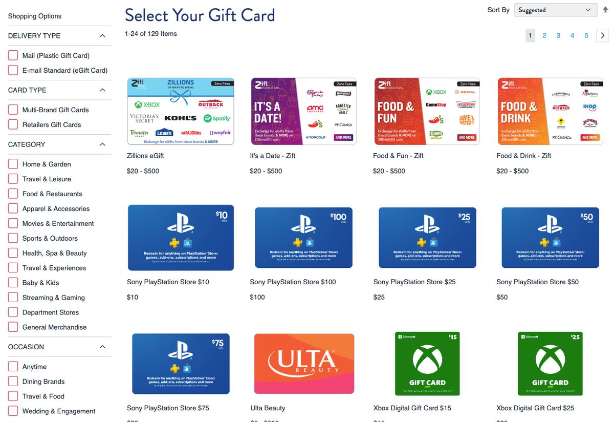 US Bank gift card shop with filters