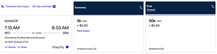 United MileagePlus redemption 5k SFO SNA
