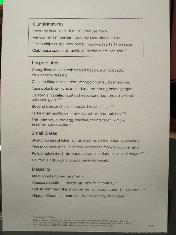 Virgin Atlantic Clubhouse LAX menu Virgin Atlantic Clubhouse LAX menu