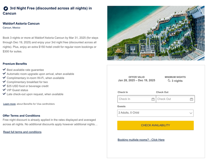 Visa Luxury Hotel Collection third night free promo Waldorf Astoria Riviera Maya