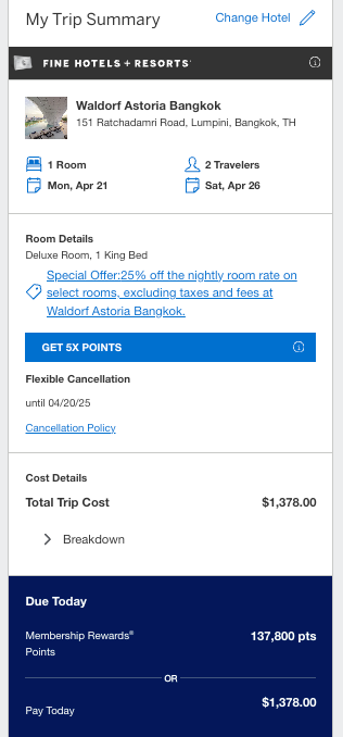 Waldorf Astoria Bangkok Amex Travel Itinerary