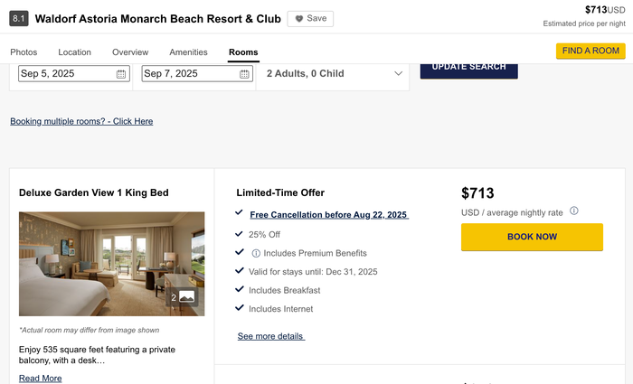 Waldorf Astoria Monarch Beach rate with Visa Luxury Hotel Collection discount