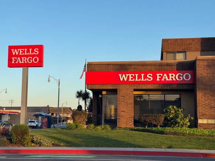 Wells Fargo bank branch and sign closeup