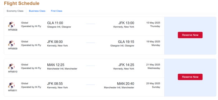 Global Airlines inaugural flight schedule