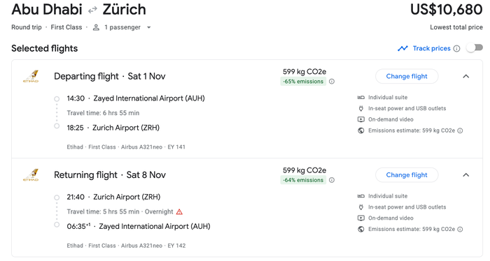 Abu Dhabi new first class fares