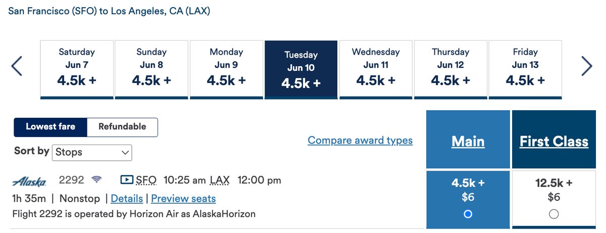 Alaska redemption San Fran to LAX