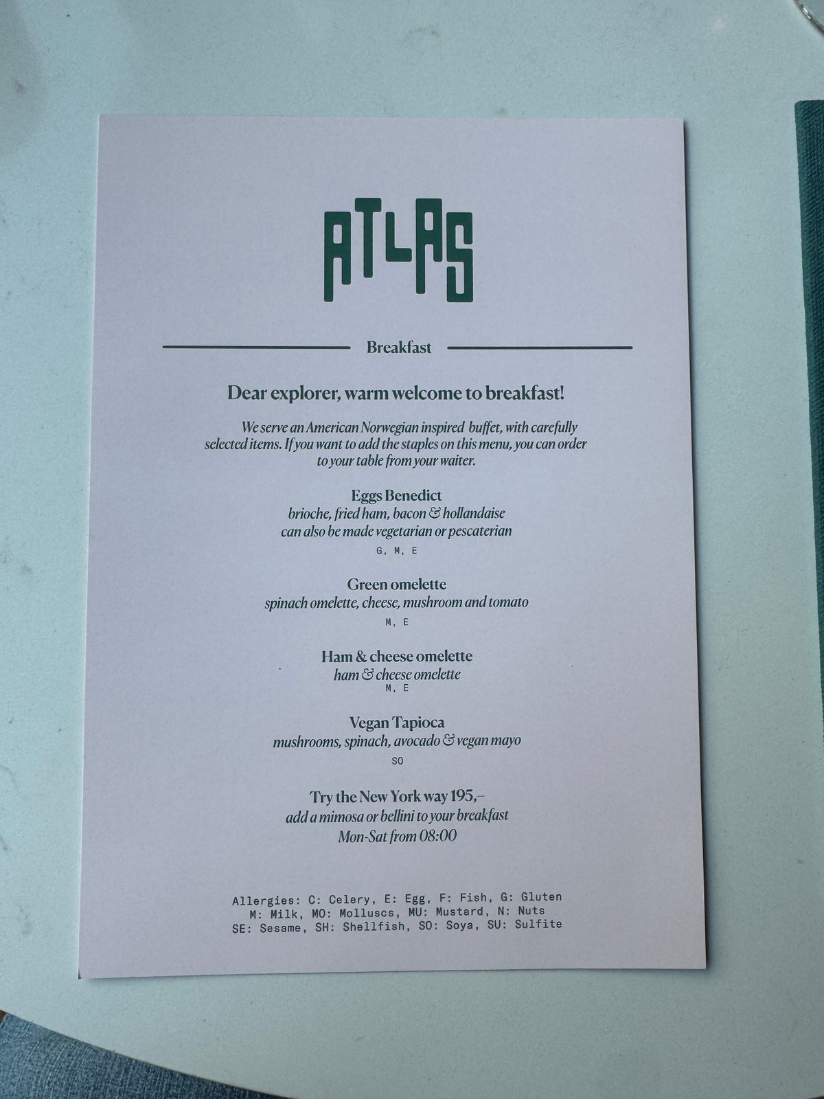 Amerikalinjen Atlas breakfast a la carte menu