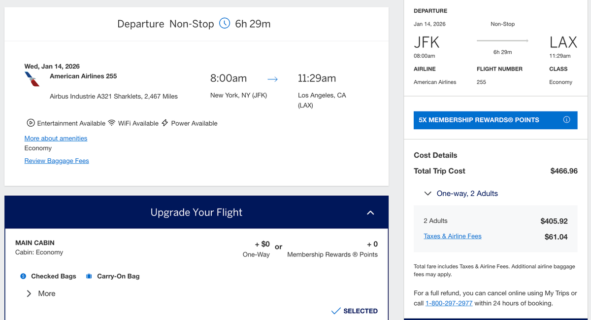 Amex Travel Flight Itinerary from New York to Los Angeles