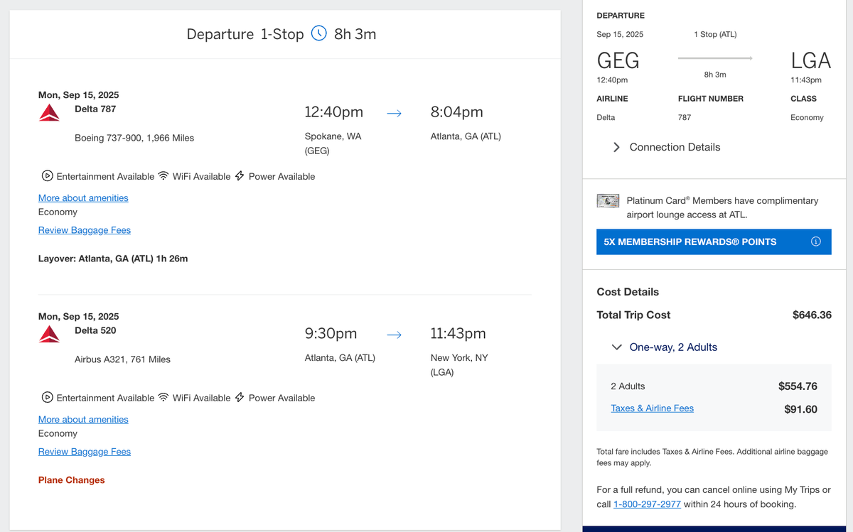 Amex Travel Itinerary From Spokane to New York
