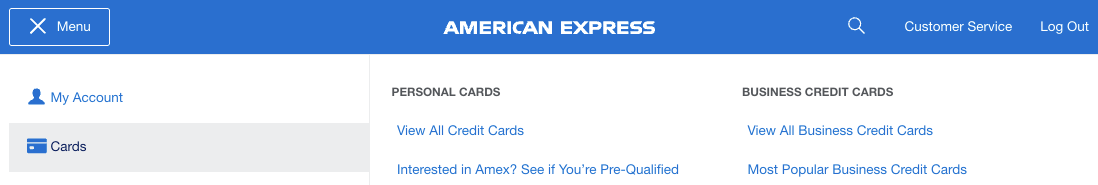 Amex menu view all cards
