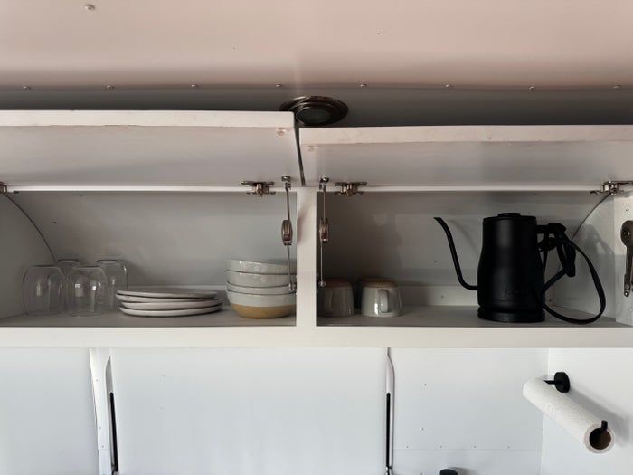 AutoCamp Zion Airstream Suite kitchen cabinet dishes AutoCamp Zion Airstream Suite kitchen cabinet dishes