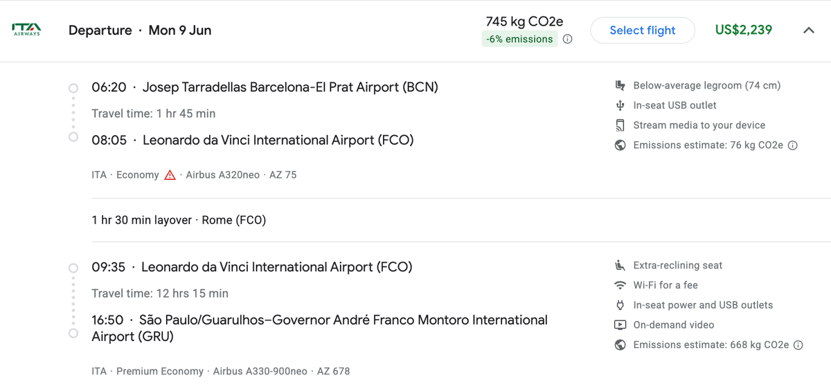 Barcelona to Sao Paulo with ITA premium fare