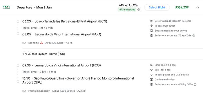 Barcelona to Sao Paulo with ITA premium fare Barcelona to Sao Paulo with ITA premium fare