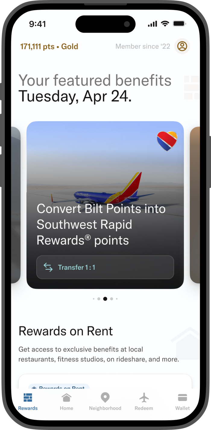 Bilt Rewards transfers Southwest mockup