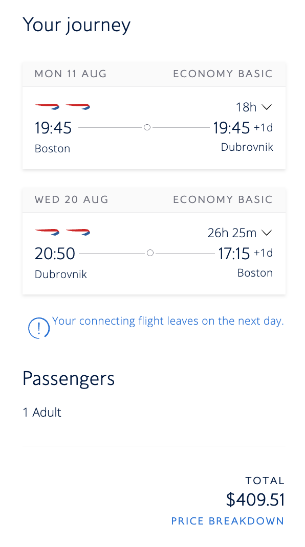 Boston to Dubvrovnik with BA cost