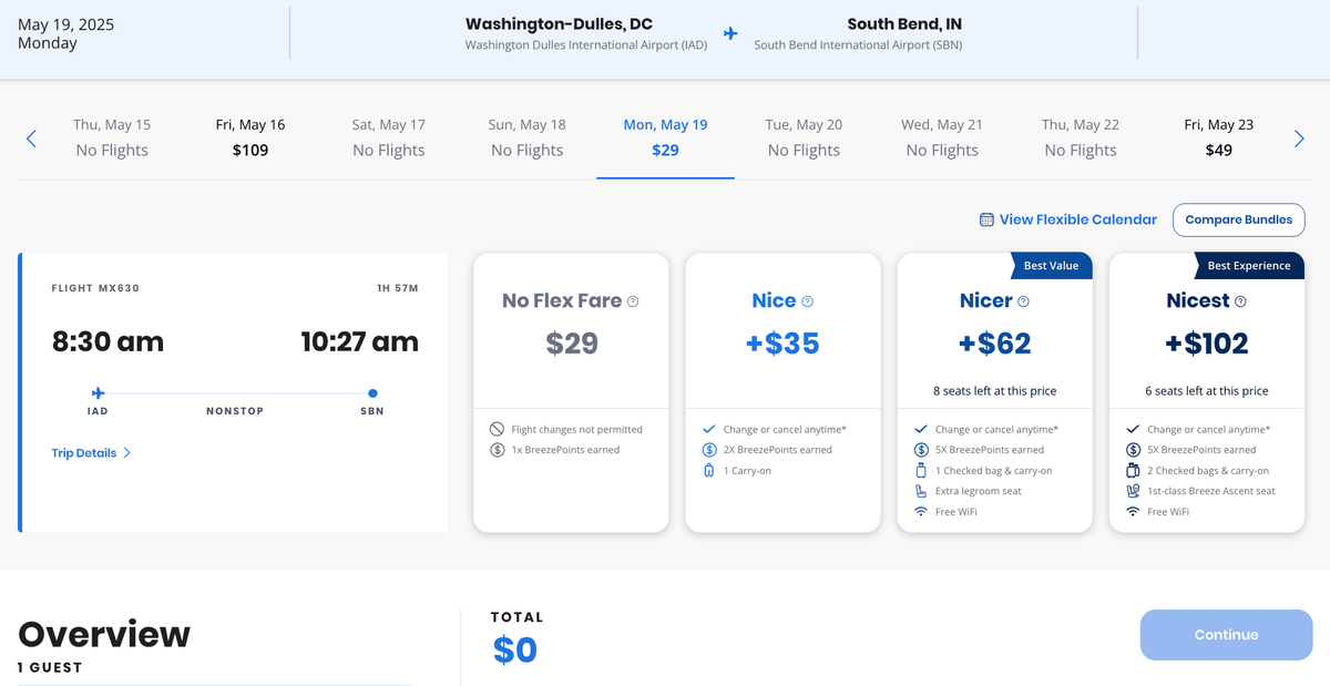 Breeze IAD SBN fare 29