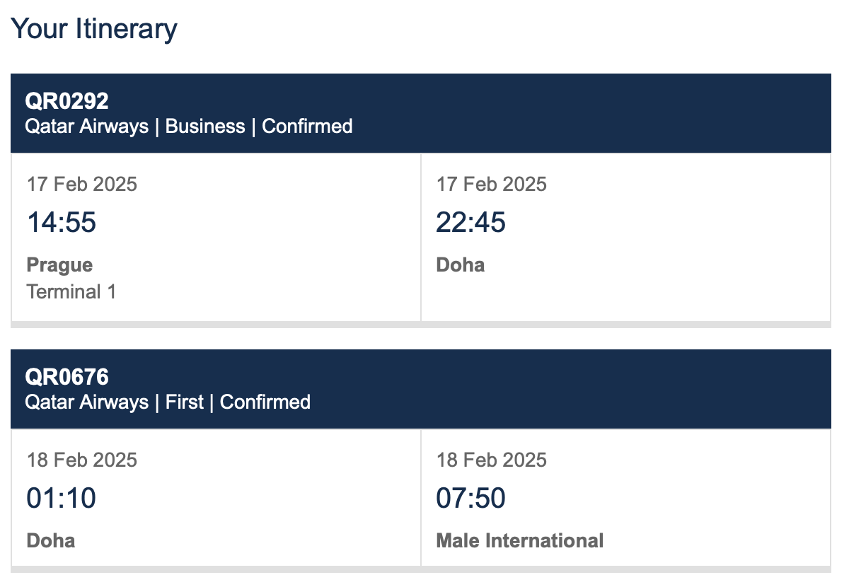 British Airways Award Flight Itinerary from Prague to Maldives