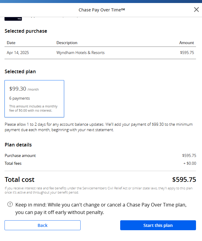 Chase Pay Over Time plan confirmation
