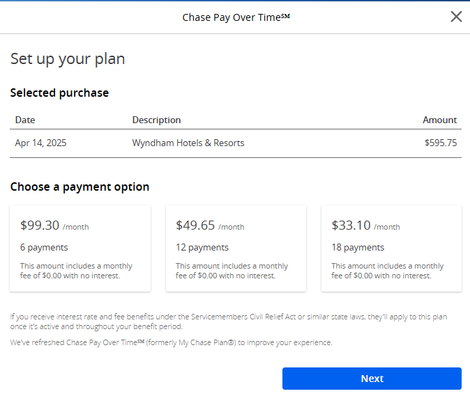 Chase Pay Over Time plan options