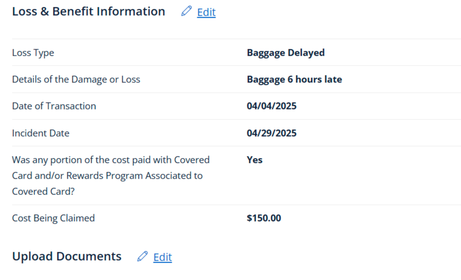 Chase claims dashboard baggage delay claim confirmation loss and benefit