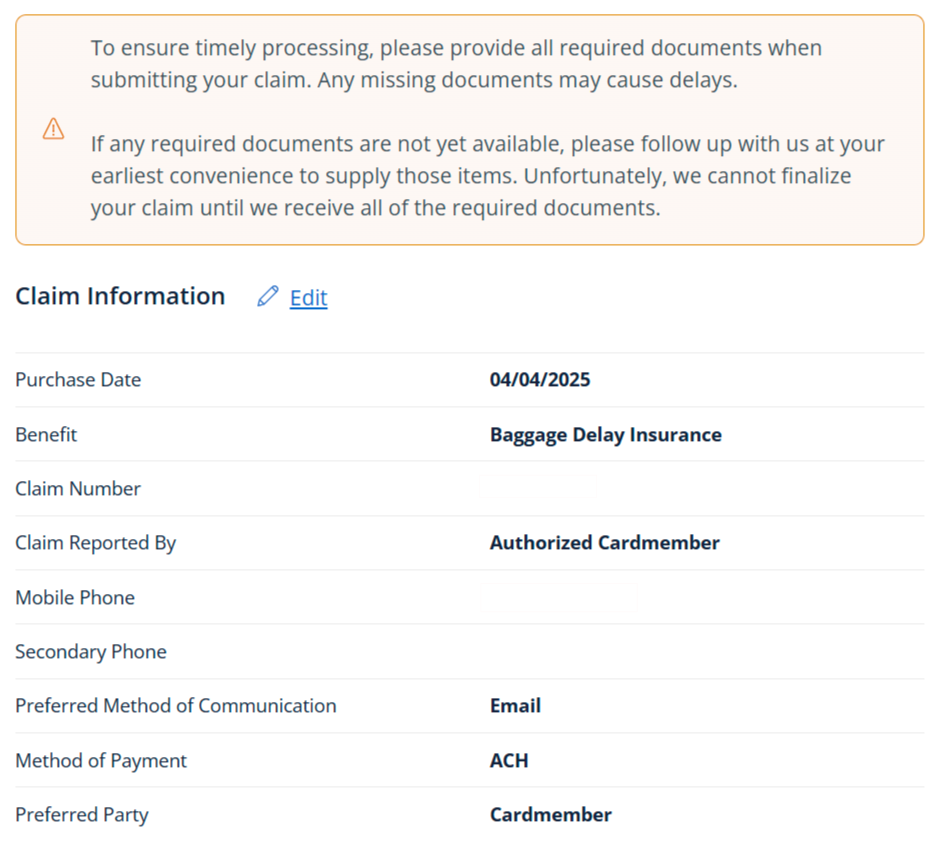 Chase claims dashboard baggage delay claim confirmation