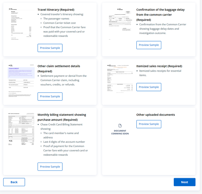 Chase claims dashboard baggage delay document screen Chase claims dashboard baggage delay document screen