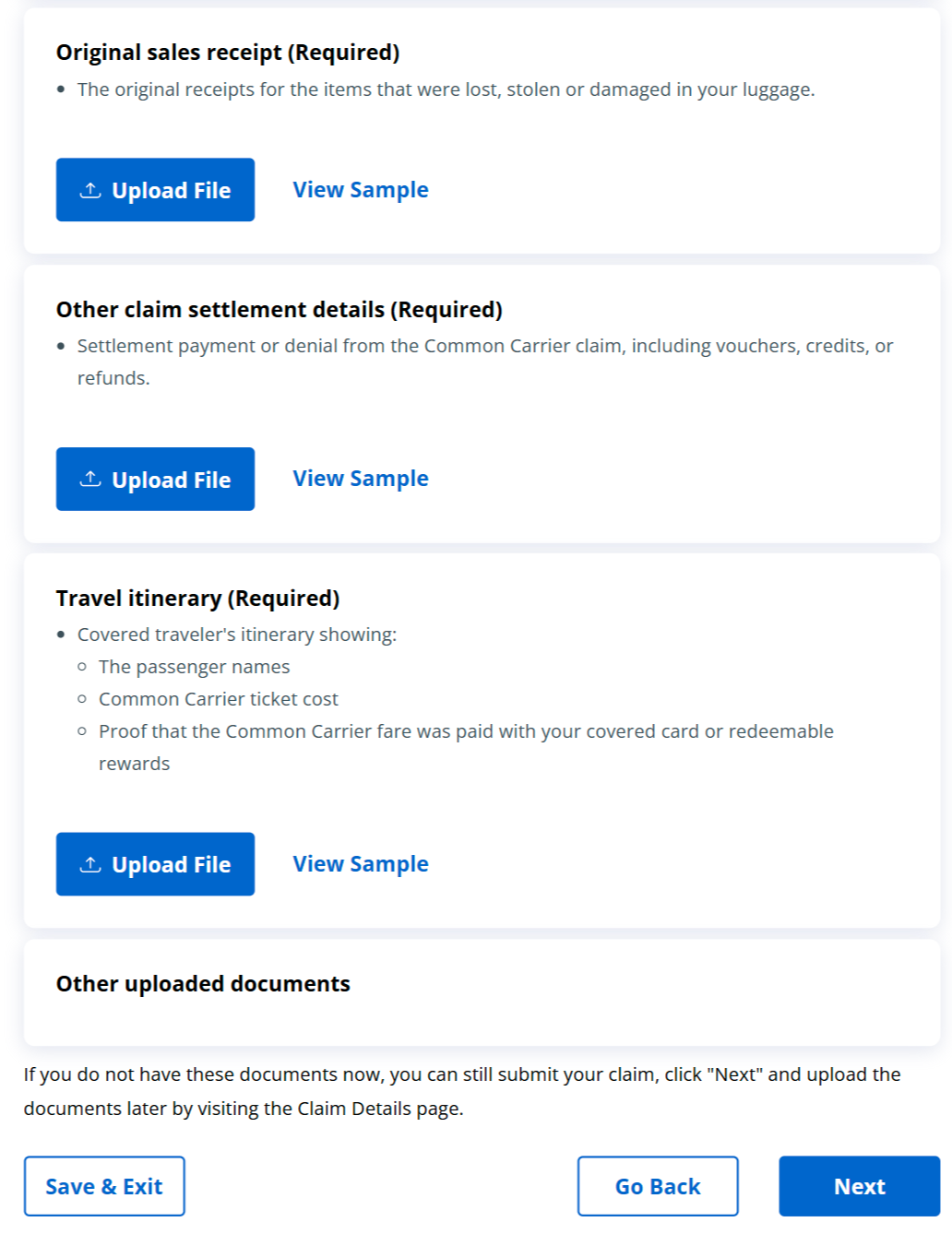 Chase claims dashboard lost luggage claim document upload continued