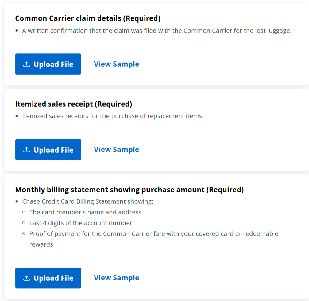 Chase claims dashboard lost luggage claim document upload