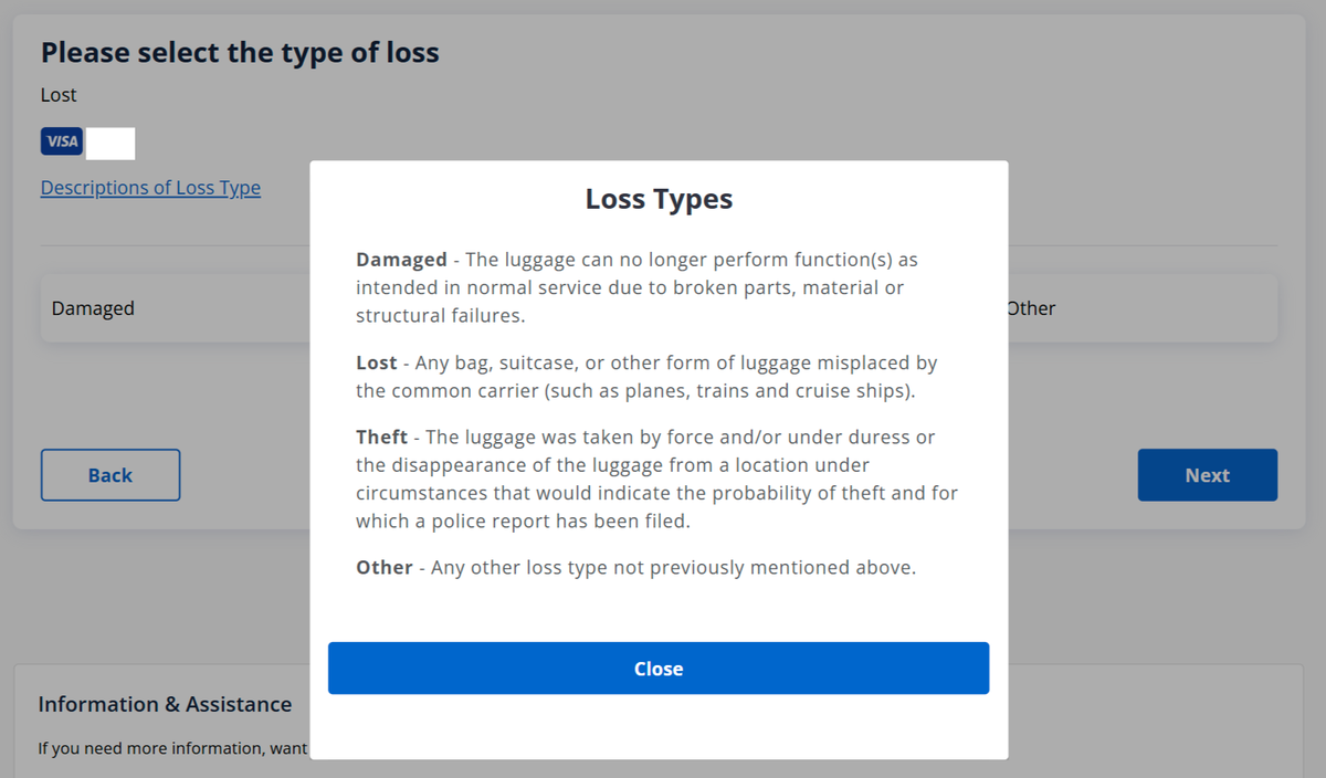 Chase claims dashboard lost luggage claim types