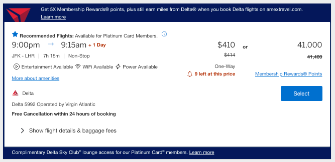 Delta Flight from New York to London on Amex Travel