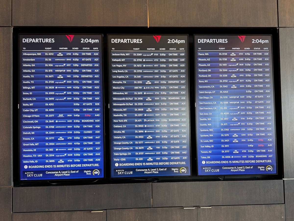 Delta Sky Club SLC Concourse A departure board