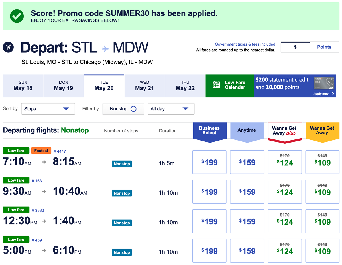 Discounted Southwest flight STL MDW SUMMER30