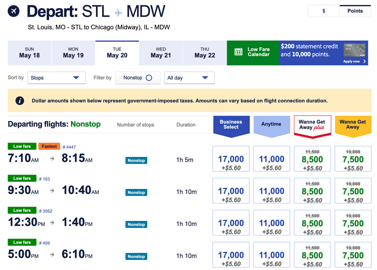 Discounted Southwest flight points STL MDW SUMMER30