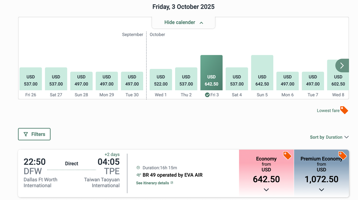EVA Air pricing from Dallas to Taipei