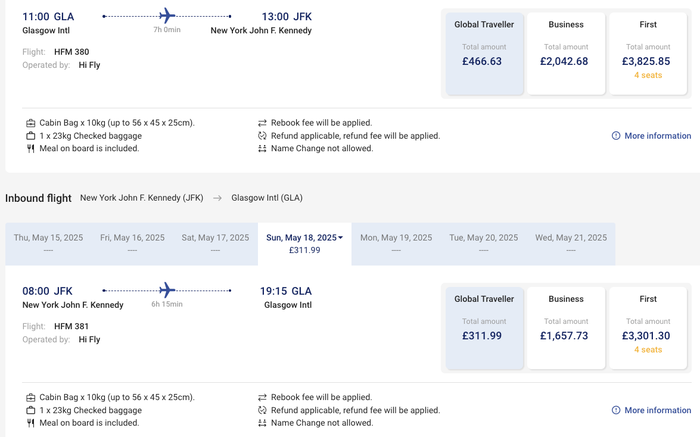 Global Airlines GLA JFK round trip price