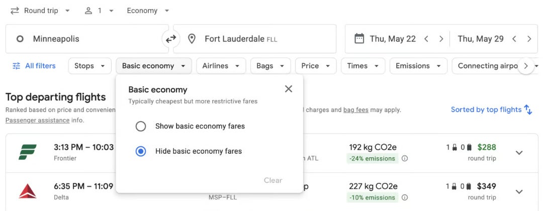 Google Flights No Basic Economy Filter Bar
