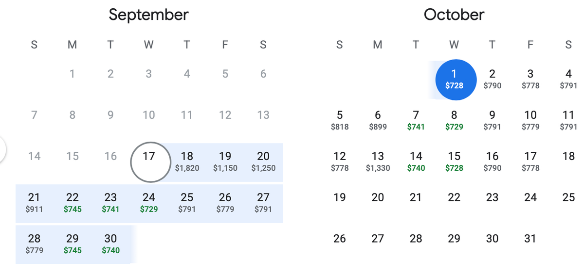 Google Flights fare calendar