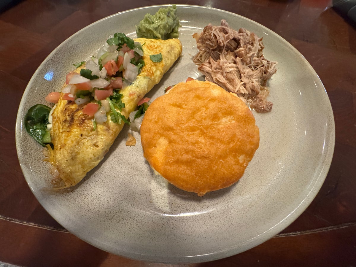 Hyatt Regency Hill Country Springhouse Cafe breakfast omelet with biscuit and pulled pork 