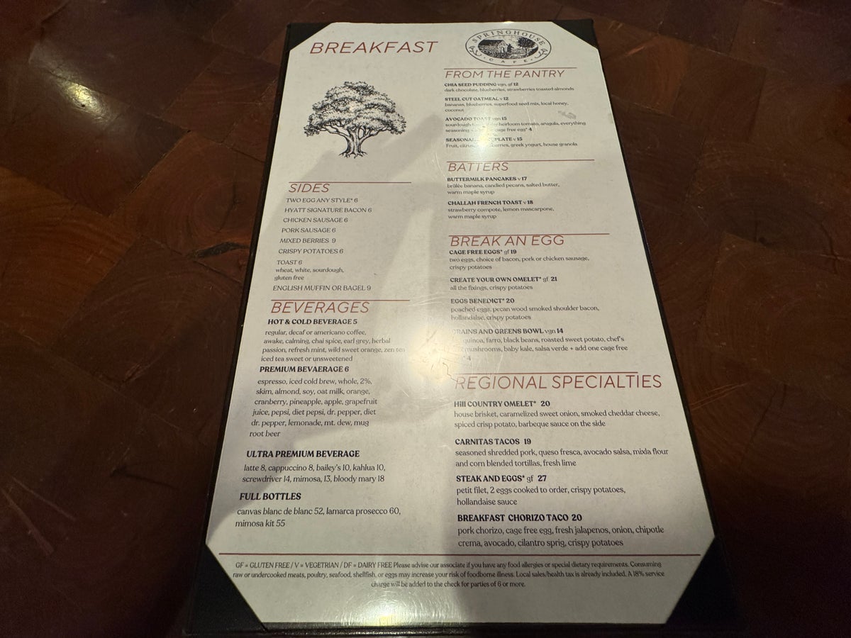 Hyatt Regency Hill Country Springhouse Cafe menu