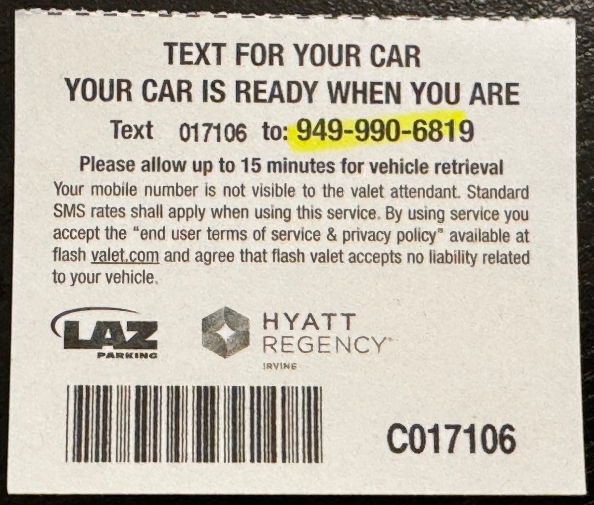 Hyatt Regency Irvine parking ticket